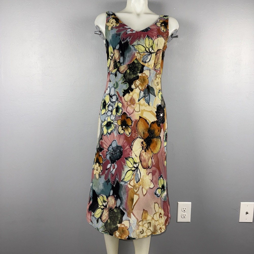 Chico's Silk Midi Dress Sz 0 (Small) sleeveless V-neck vibrant watercolor floral